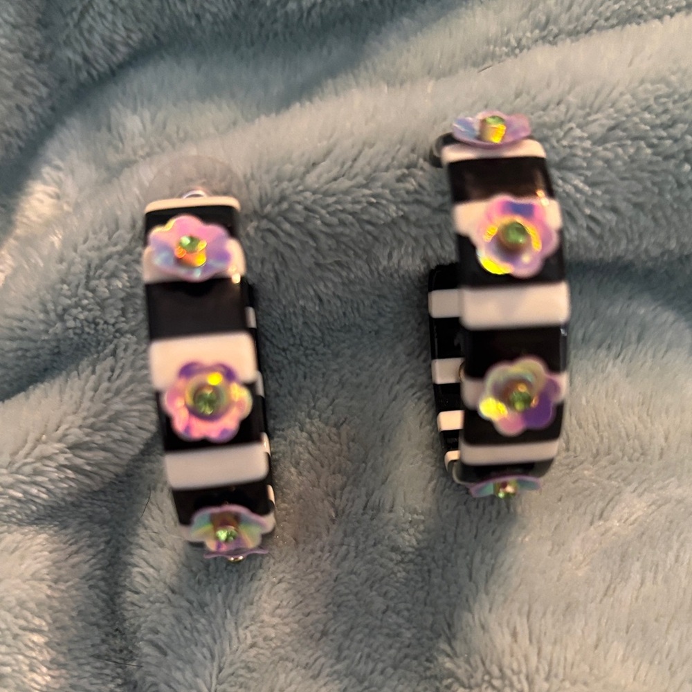 Betsey Johnson Black and White Floral Hoop Earrings